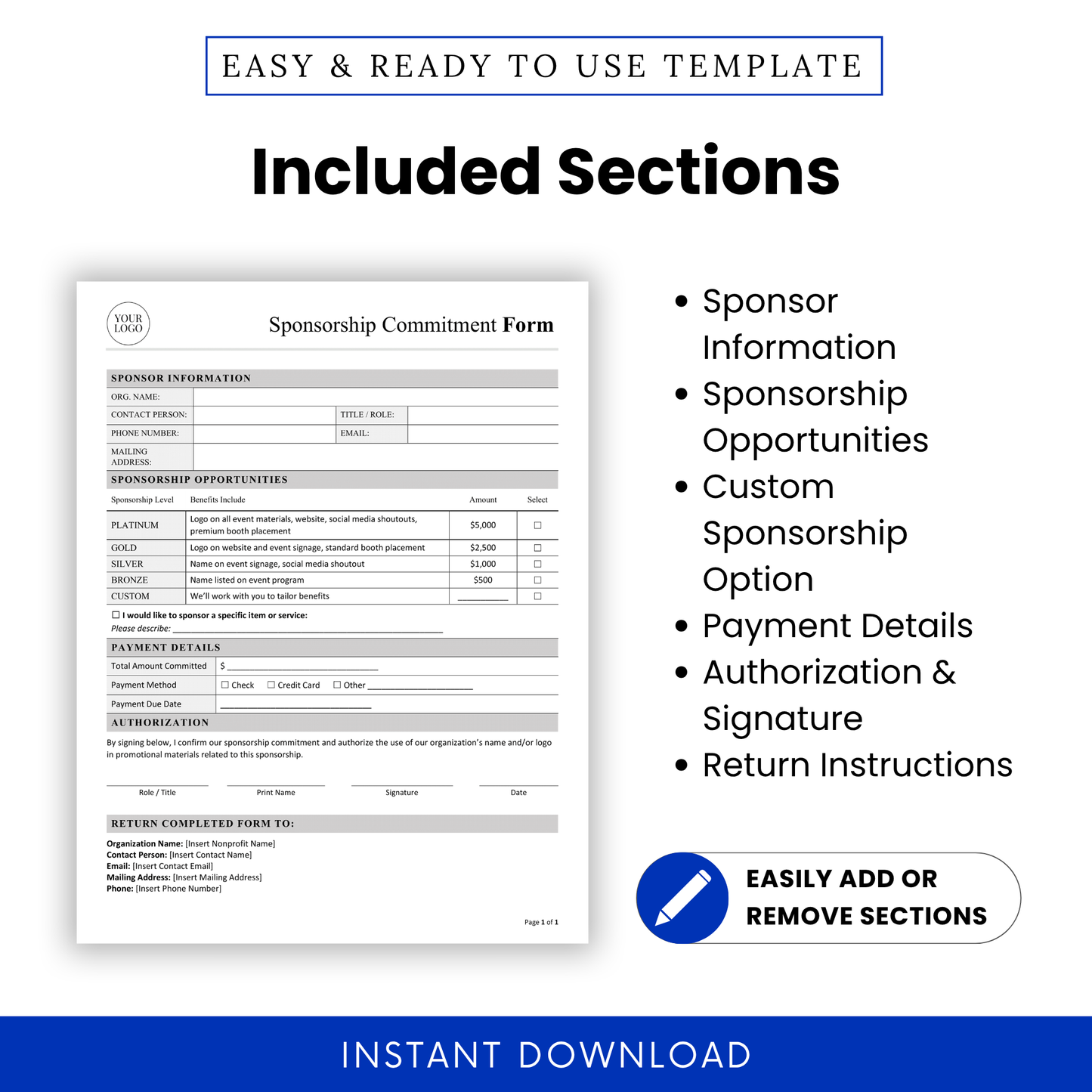 Detailed view of Sponsorship Commitment Form Template PDF outlining sections like sponsor information, sponsorship opportunities, and payment details. This simple Sponsorship Commitment Form template helps nonprofits and businesses organize sponsorship data clearly and professionally.