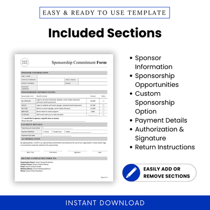 Detailed view of Sponsorship Commitment Form Template PDF outlining sections like sponsor information, sponsorship opportunities, and payment details. This simple Sponsorship Commitment Form template helps nonprofits and businesses organize sponsorship data clearly and professionally.