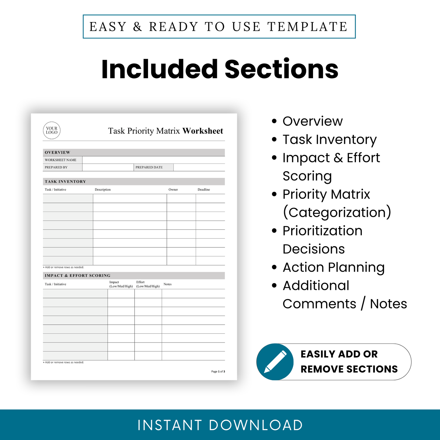 Task priority matrix worksheet sections list including overview, task inventory, impact and effort scoring, prioritization decisions, action planning template