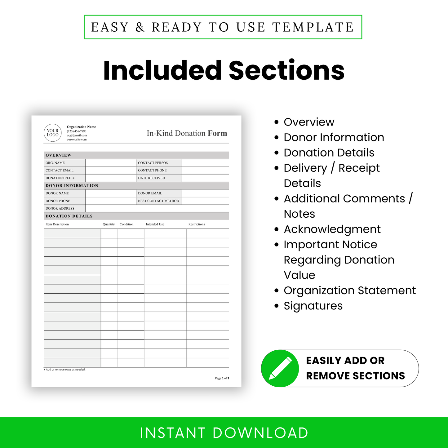 Editable In-Kind Donation Form Template showcasing included sections like donor information, donation details, and delivery receipt tracking. This professional nonprofit template allows users to easily customize, add, or remove sections for flexible donation management.