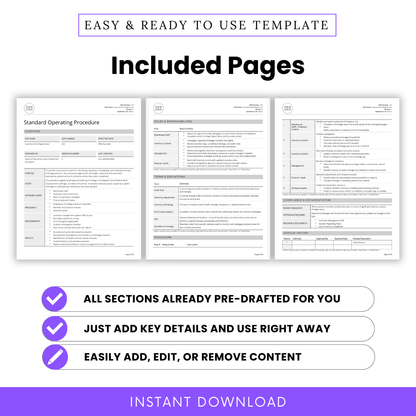 Preview of all included pages in the Inventory Shrinkage & Loss SOP Template. Fully formatted SOP with sections for Purpose, Scope, Procedure, Roles & Responsibilities, Terms & Definitions, Compliance, and Version History. Instant download in editable Word and PDF formats.