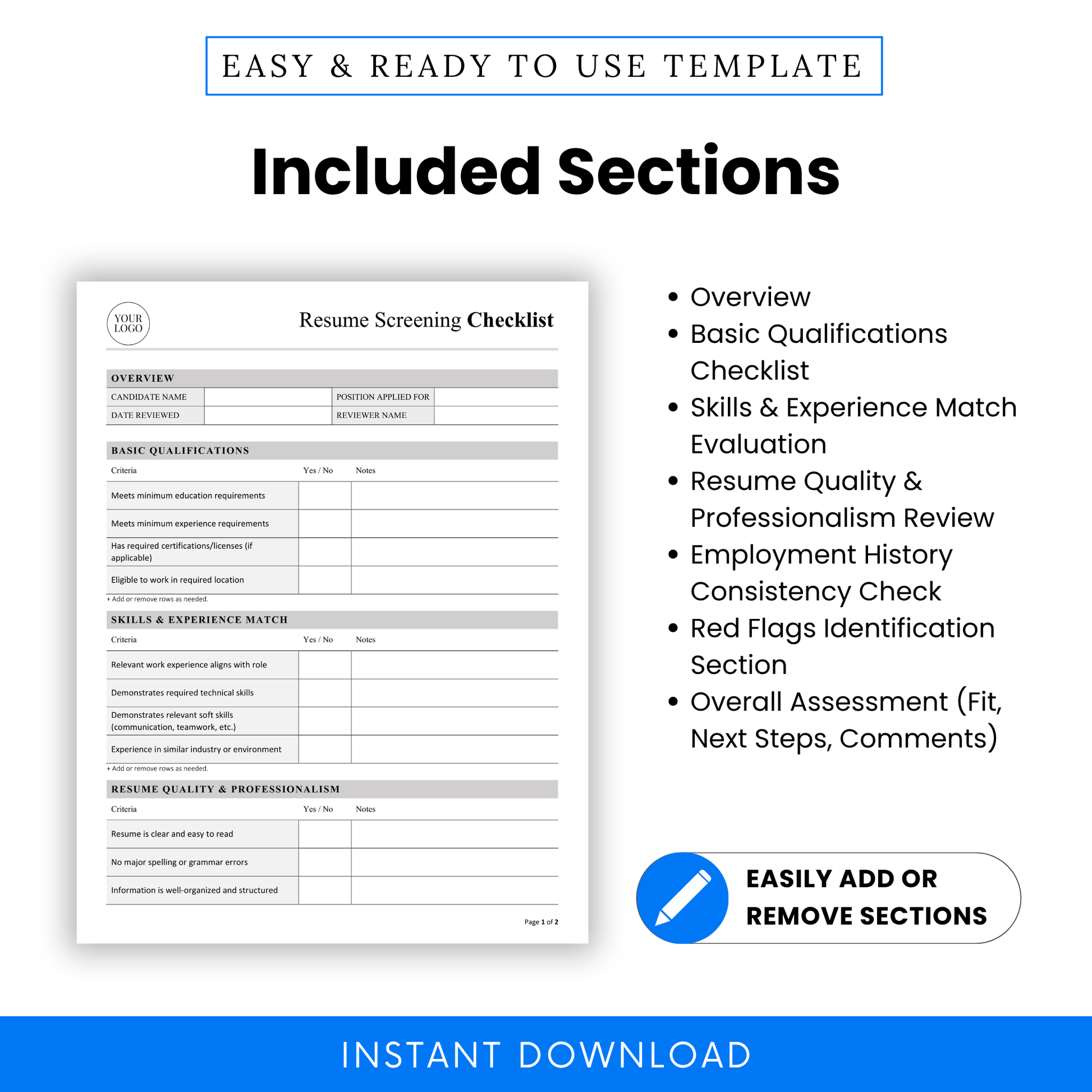 Resume screening checklist sections list including overview, qualifications, skills evaluation, professionalism review and red flags hiring template