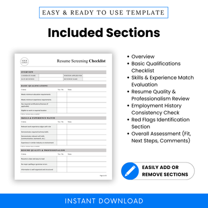 Resume screening checklist sections list including overview, qualifications, skills evaluation, professionalism review and red flags hiring template