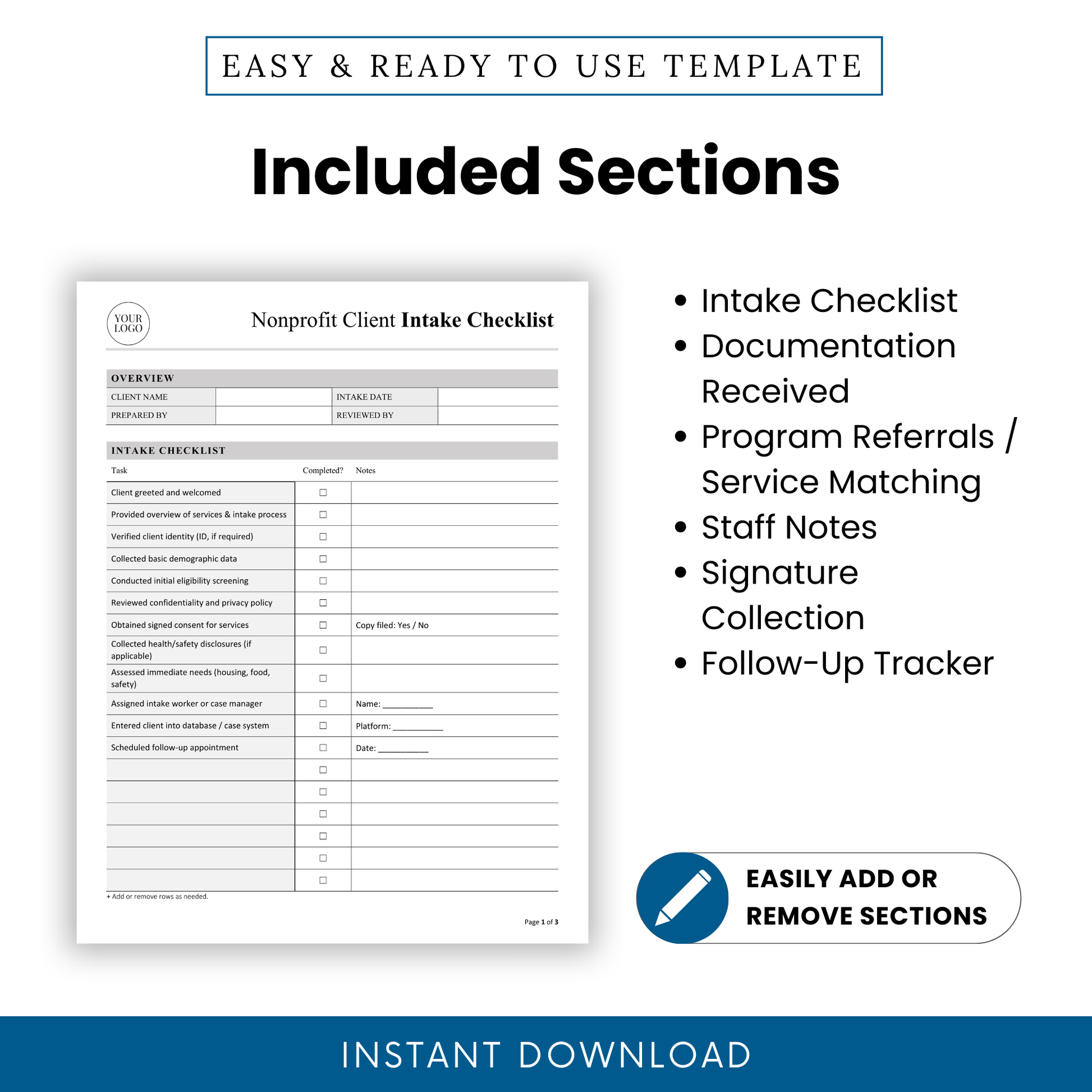 Nonprofit intake checklist sections including intake checklist, documentation received, program referrals, staff notes, signature collection, and follow-up tracker editable template