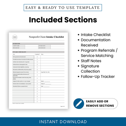 Nonprofit intake checklist sections including intake checklist, documentation received, program referrals, staff notes, signature collection, and follow-up tracker editable template