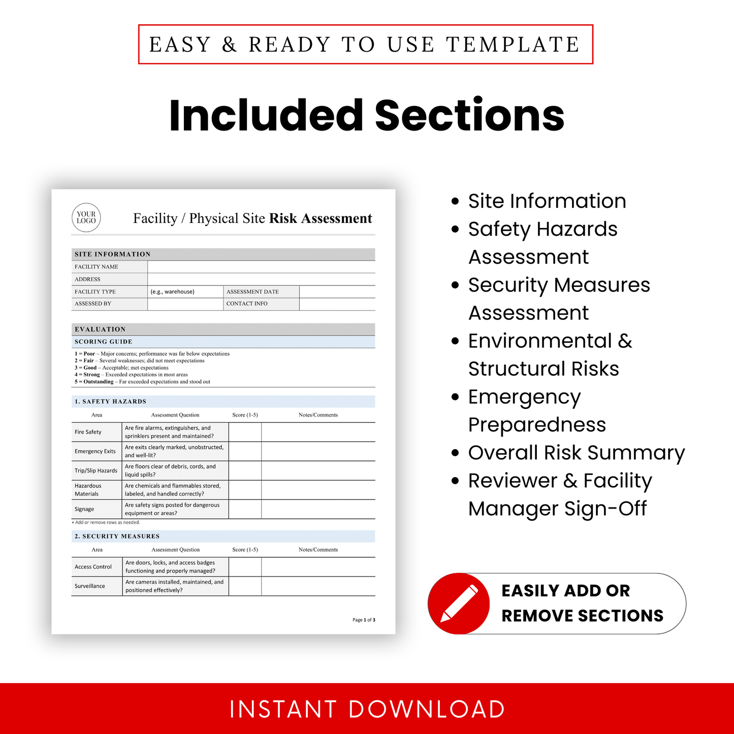 Detailed view of the included sections such as site information, safety hazards assessment, security measures, environmental and structural risks, emergency preparedness, and overall risk summary.