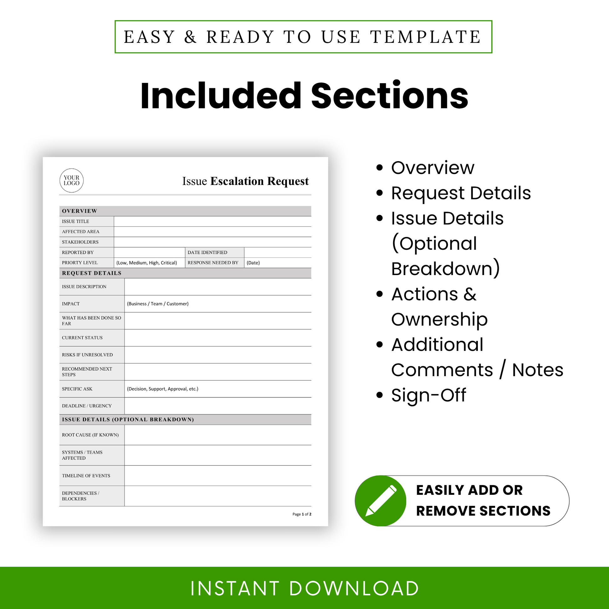 Issue escalation template sections including overview, request details, issue breakdown, actions and ownership, additional notes, and sign-off