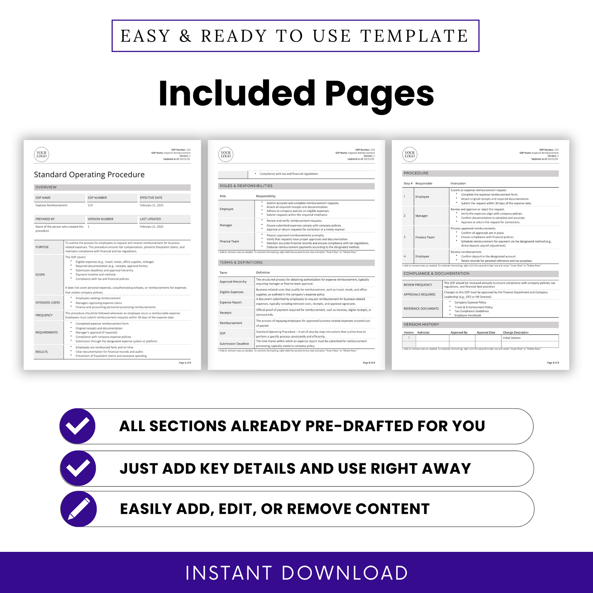 Expense Reimbursement SOP template showcasing three included pages. Features structured sections such as overview, roles and responsibilities, terms and definitions, procedures, compliance documentation, and version history. 'Included Pages' text on the left highlights the document's comprehensive nature, with an 'Instant Download' banner at the bottom.