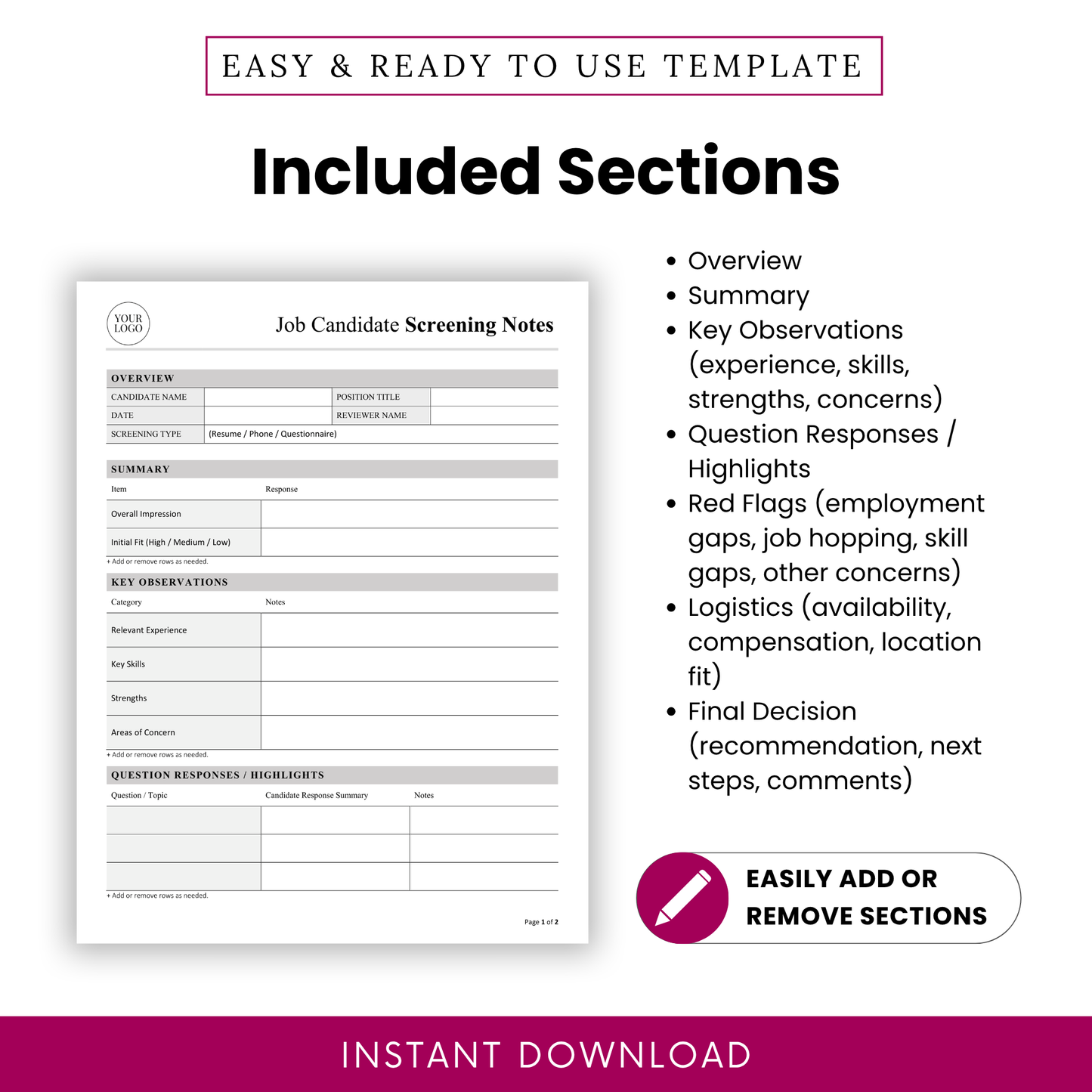 Detailed overview of included sections in the job candidate evaluation template, including summary, key observations, interview highlights, red flags, logistics, and final decision for structured recruitment