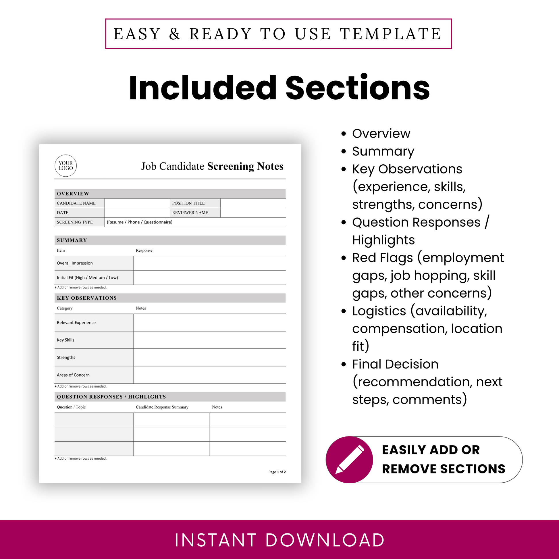 Detailed overview of included sections in the job candidate evaluation template, including summary, key observations, interview highlights, red flags, logistics, and final decision for structured recruitment