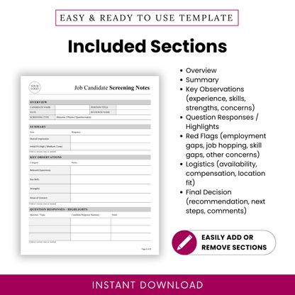 Detailed overview of included sections in the job candidate evaluation template, including summary, key observations, interview highlights, red flags, logistics, and final decision for structured recruitment