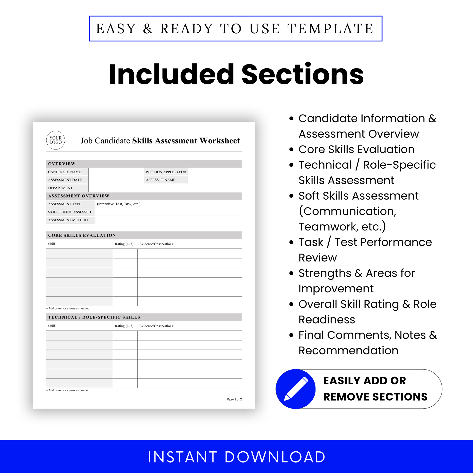 Visual breakdown listing all included sections such as candidate information, assessment overview, skills evaluations, task performance, strengths and improvement areas, and final hiring recommendations