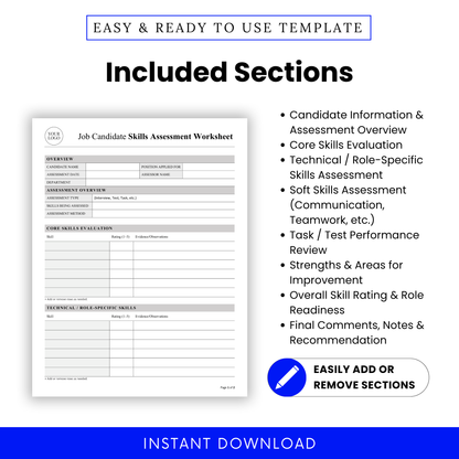 Visual breakdown listing all included sections such as candidate information, assessment overview, skills evaluations, task performance, strengths and improvement areas, and final hiring recommendations
