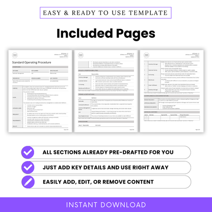 Preview of all included pages in the Backorder Management SOP Template. Fully formatted SOP with sections for Purpose, Scope, Procedure, Roles & Responsibilities, Terms & Definitions, Compliance, and Version History. Instant download in editable Word and PDF formats.