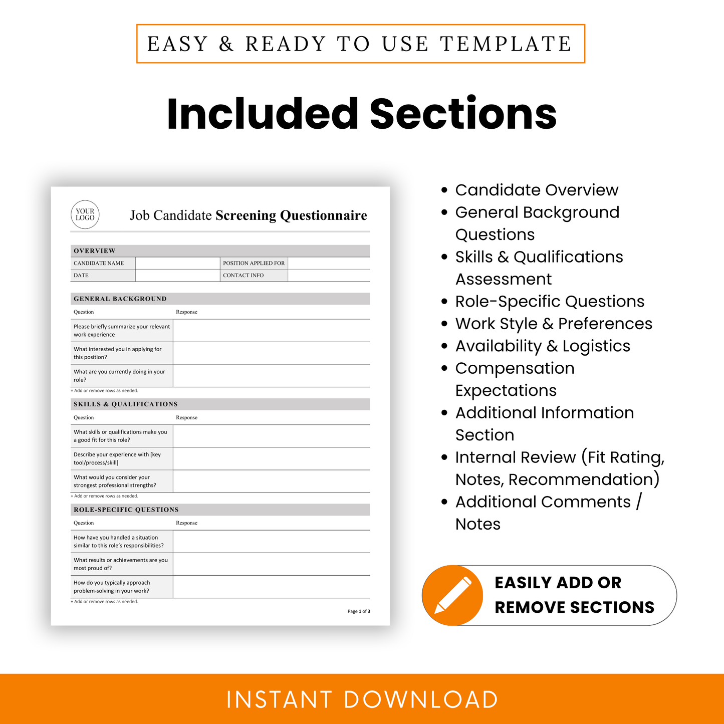 Candidate screening form with sections for interview questions, qualifications, work preferences, availability, compensation expectations, and hiring evaluation notes