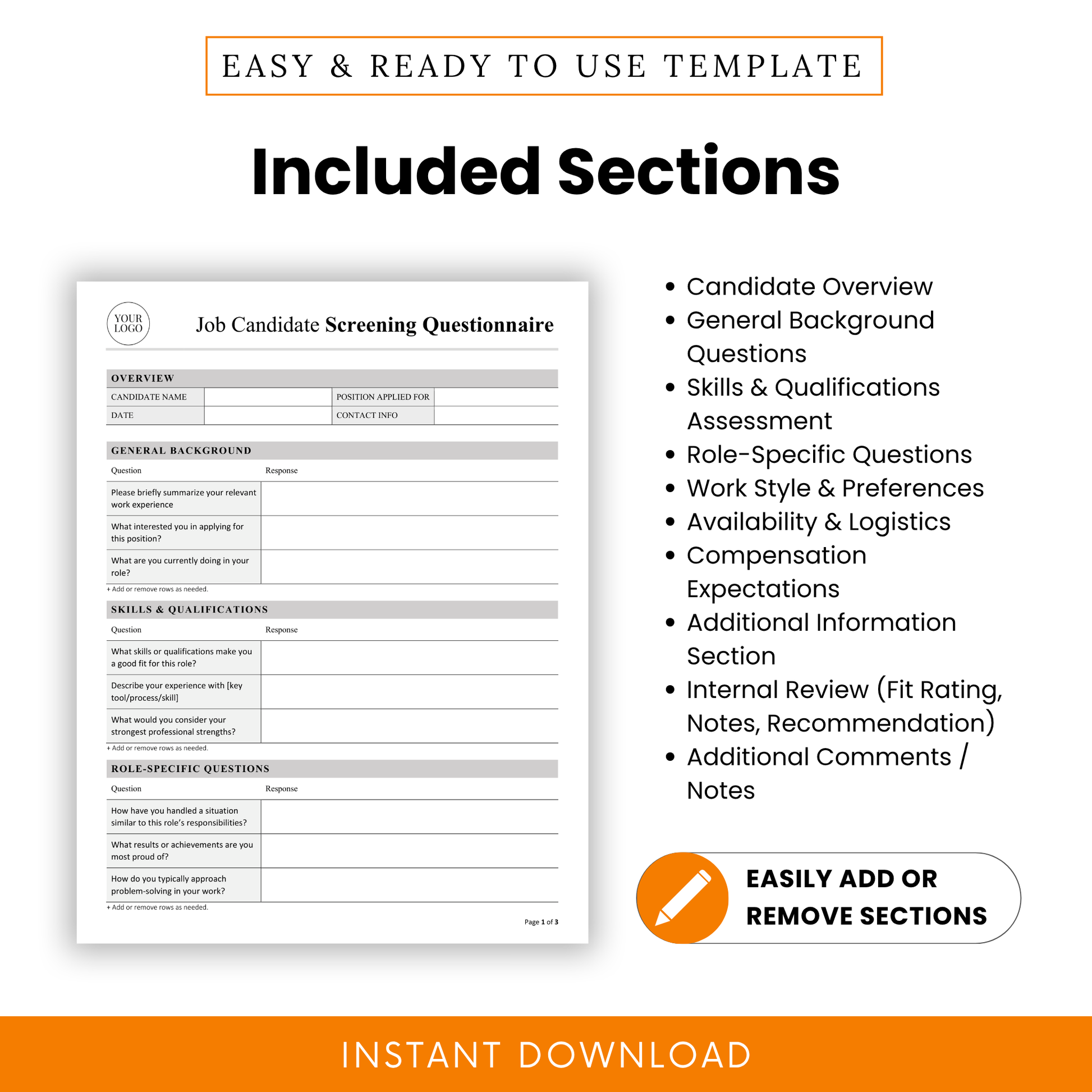 Candidate screening form with sections for interview questions, qualifications, work preferences, availability, compensation expectations, and hiring evaluation notes