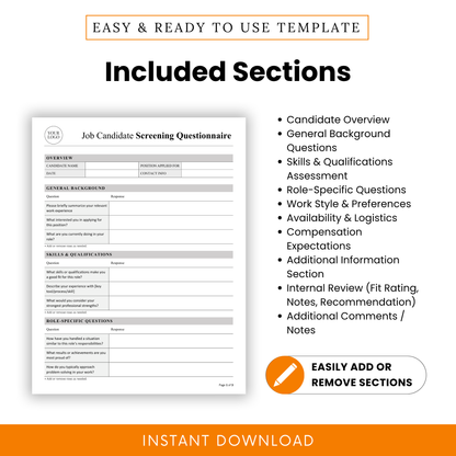 Candidate screening form with sections for interview questions, qualifications, work preferences, availability, compensation expectations, and hiring evaluation notes