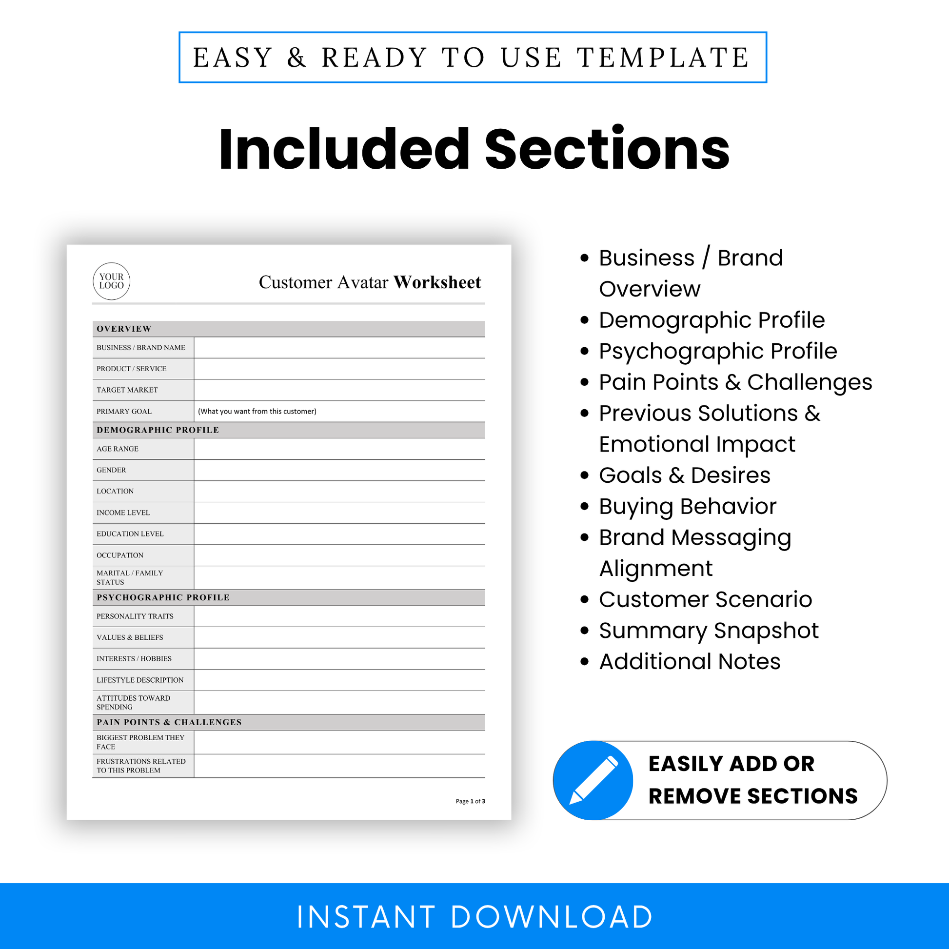 Customer Avatar Template, showcasing detailed sections like demographics, psychographics, and buying behavior. This Customer Avatar Worksheet Template PDF is an easy-to-edit business tool designed for entrepreneurs, coaches, and digital product sellers.