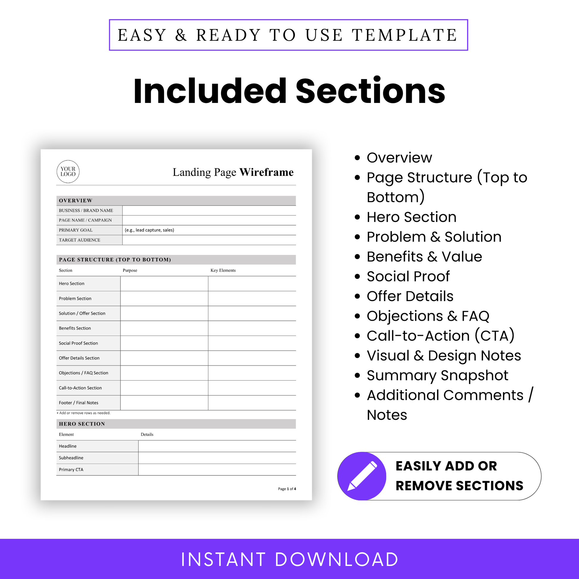 Landing Page Wireframe Template PDF displaying structured sections like hero, benefits, and CTA in an easy-to-follow format. This editable business template helps marketers and copywriters build strategic, high-converting landing pages step by step.