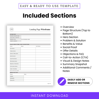 Landing Page Wireframe Template PDF displaying structured sections like hero, benefits, and CTA in an easy-to-follow format. This editable business template helps marketers and copywriters build strategic, high-converting landing pages step by step.