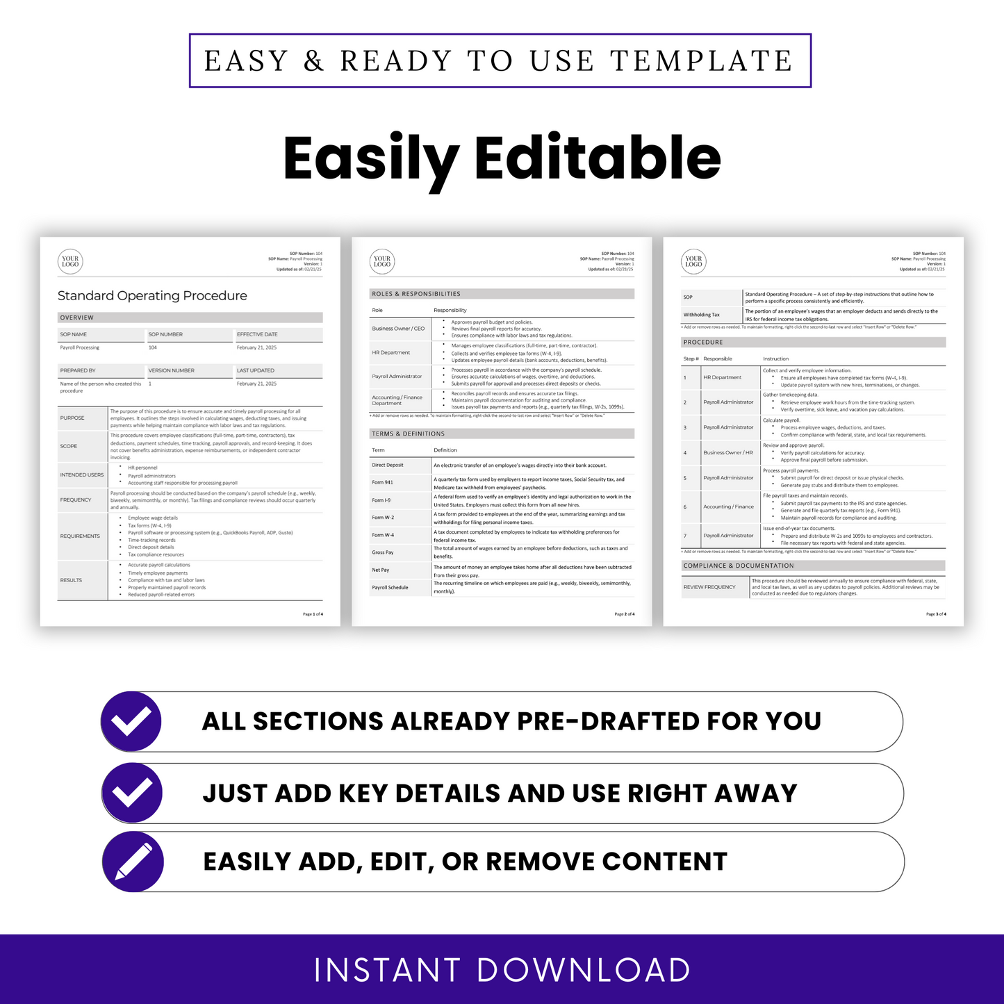 Payroll Processing SOP Template (Word & PDF) – Simple Standard Operating Procedure Template