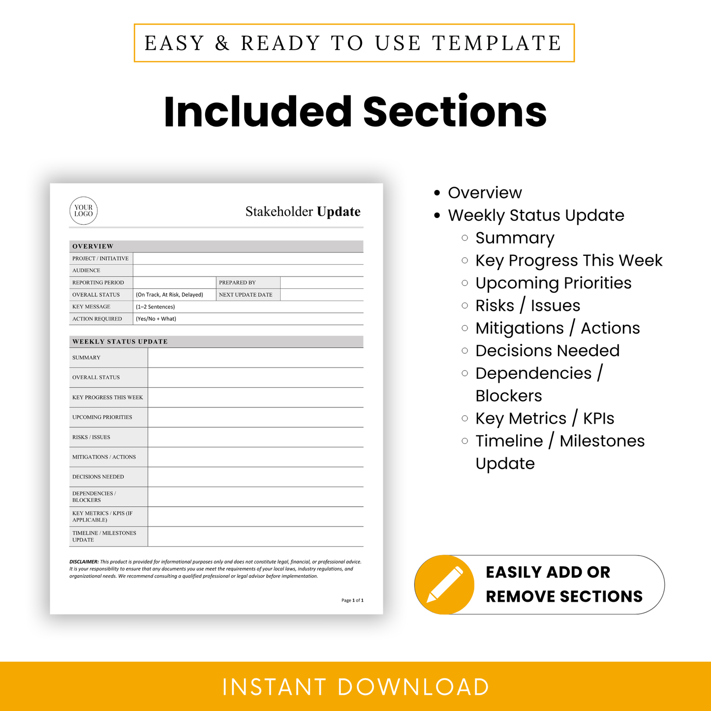 Stakeholder update template sections overview including summary, progress, risks, priorities, KPIs, milestones, and dependencies in structured report format