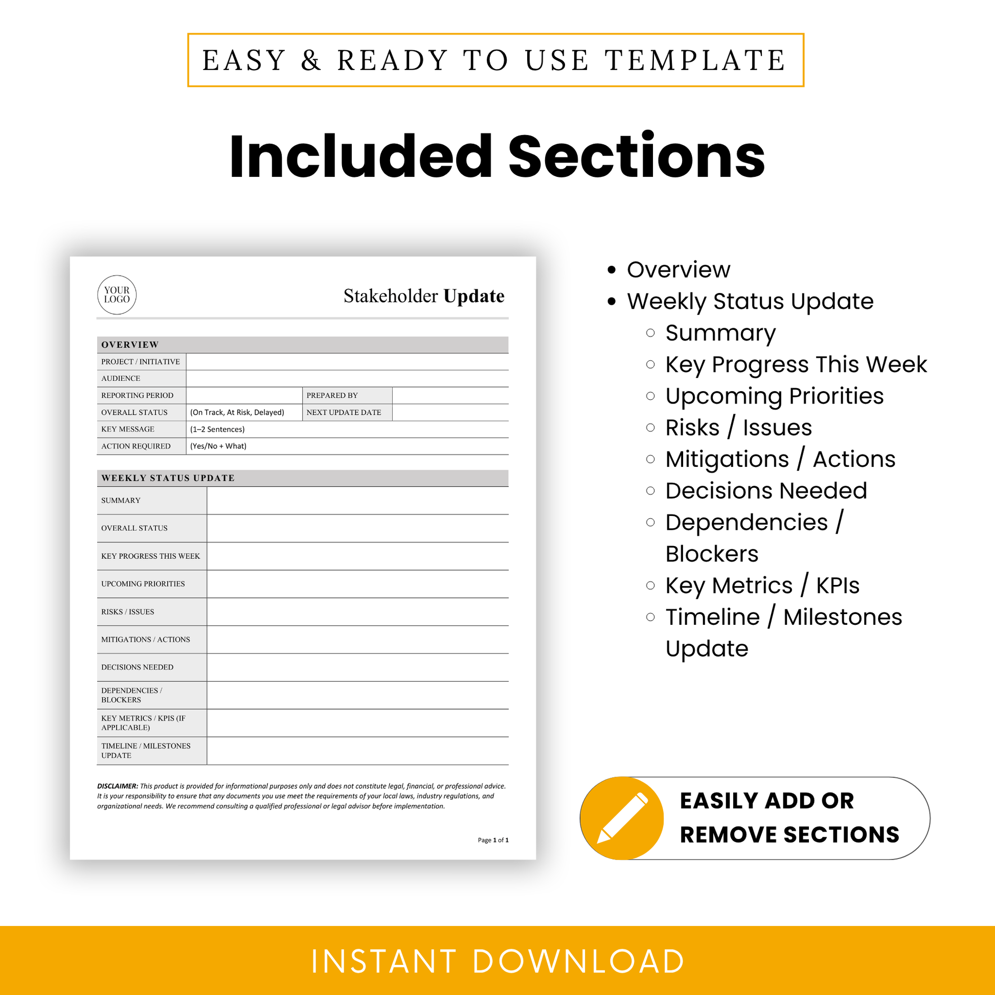 Stakeholder update template sections overview including summary, progress, risks, priorities, KPIs, milestones, and dependencies in structured report format