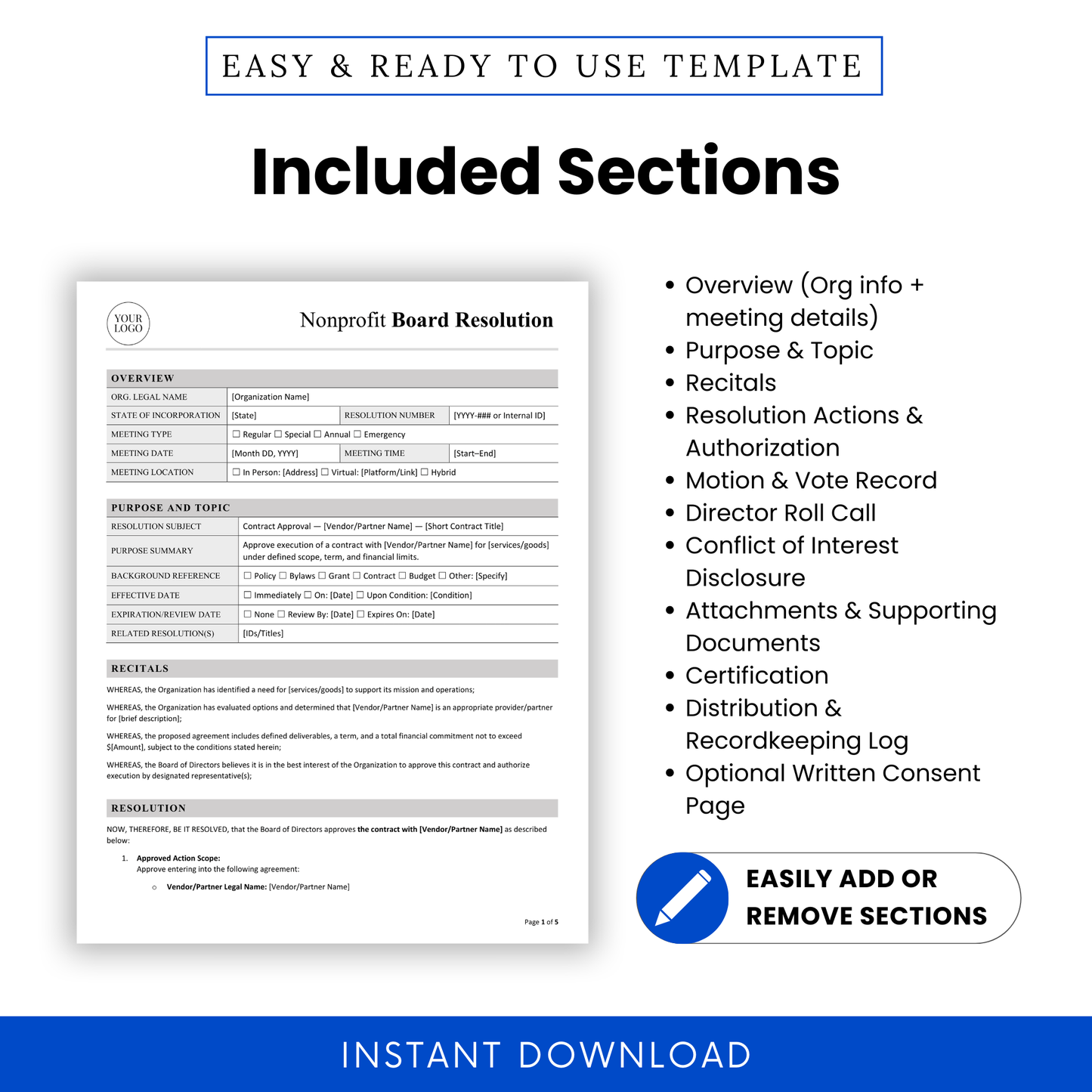 Detailed nonprofit board resolution template sections including overview, purpose, recitals, resolution actions, voting record, conflict of interest disclosure, and recordkeeping log