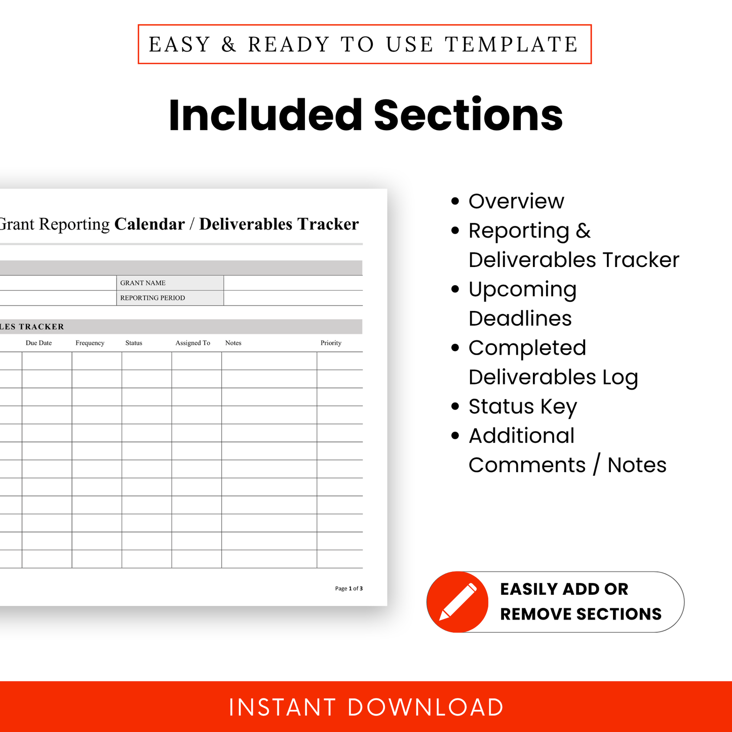 Grant Reporting Calendar Template, clearly listing sections like overview, reporting tracker, and status key. This simple Grant Reporting Template is ideal for teams and organizations needing an organized, editable document to manage grant workflows.