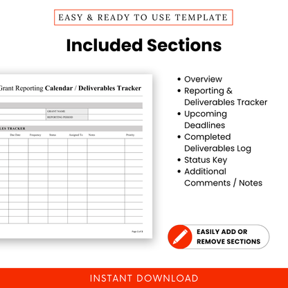 Grant Reporting Calendar Template, clearly listing sections like overview, reporting tracker, and status key. This simple Grant Reporting Template is ideal for teams and organizations needing an organized, editable document to manage grant workflows.