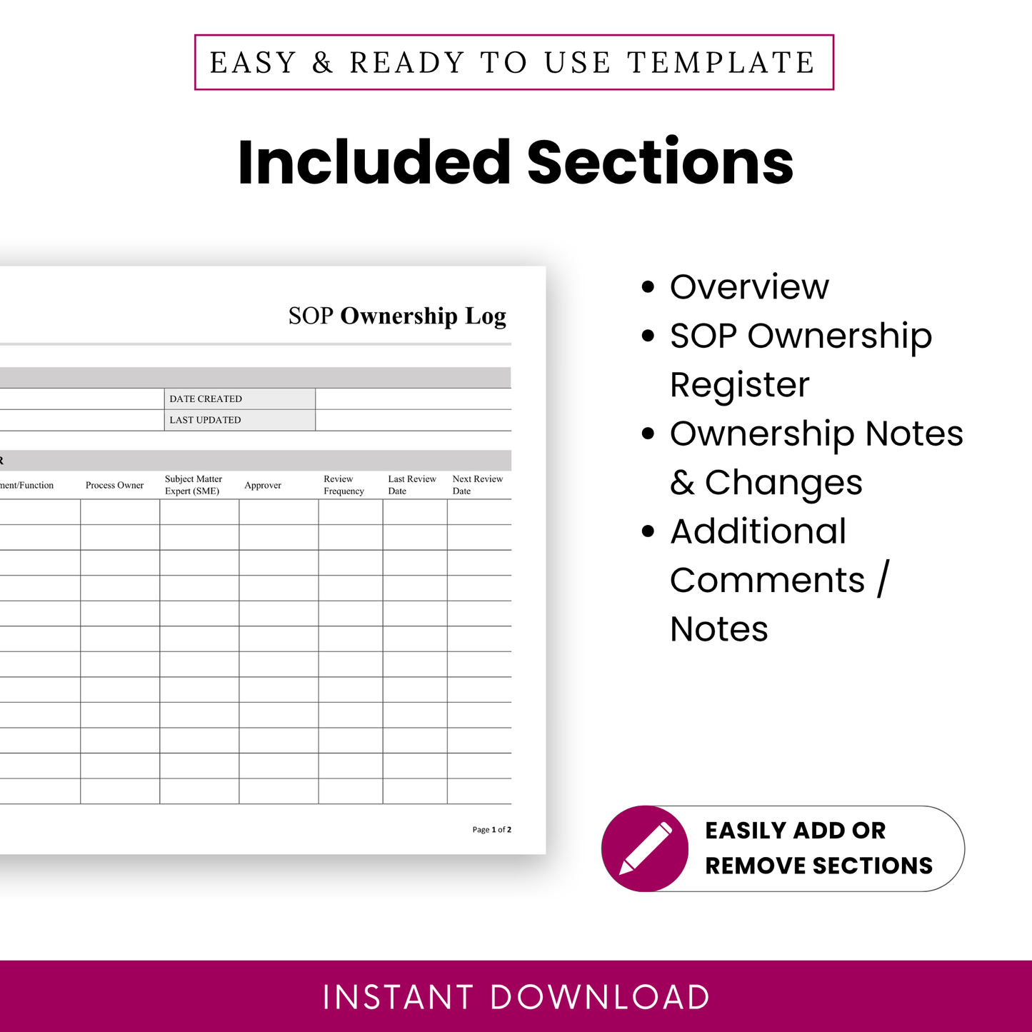 SOP ownership log template sections including overview, SOP ownership register, ownership notes and changes, and additional comments for process documentation