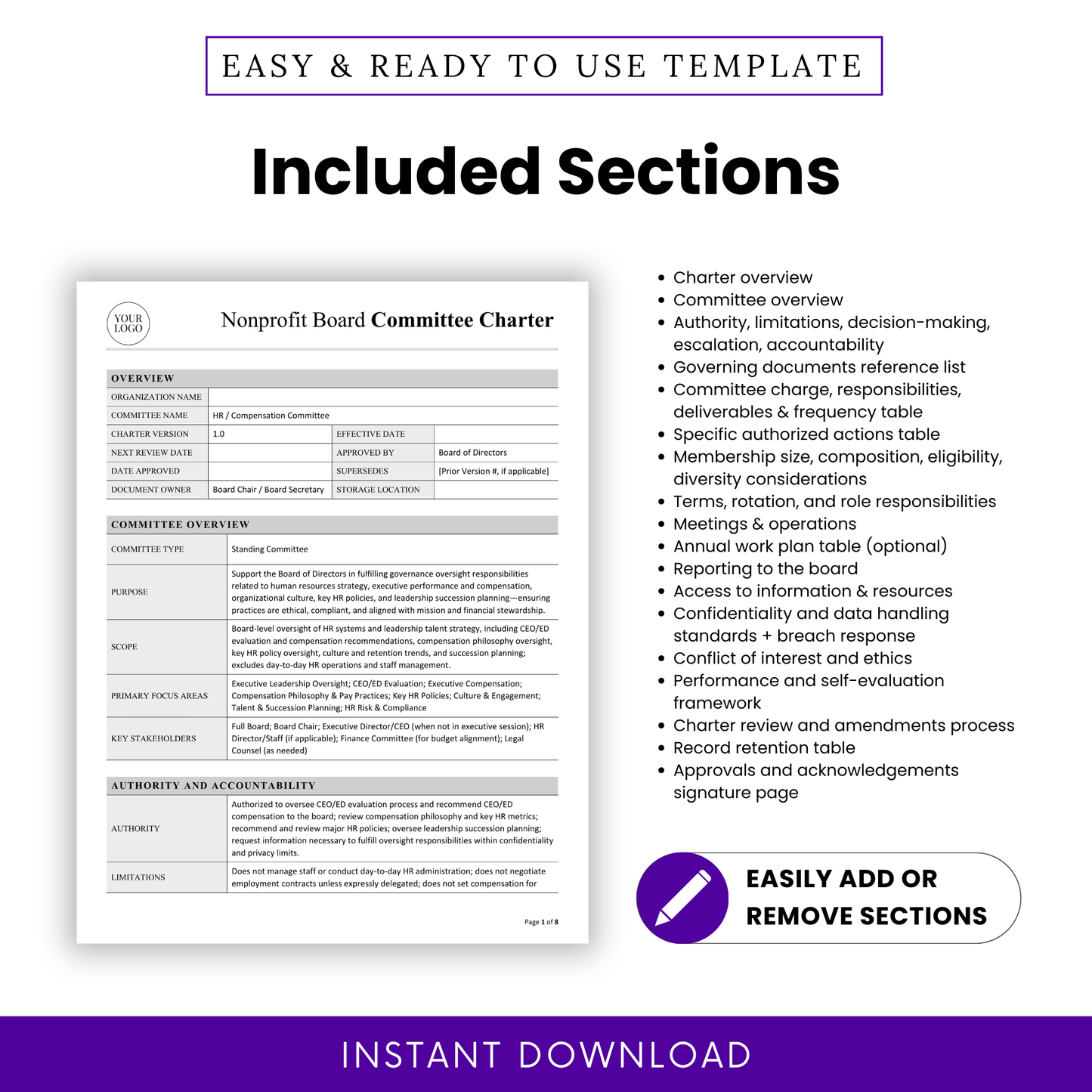 Detailed nonprofit committee charter template sections including governance overview, roles and responsibilities, compliance, reporting, ethics, performance evaluation, and board operations structure