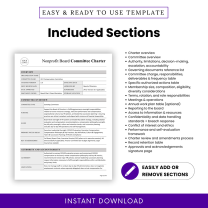 Detailed nonprofit committee charter template sections including governance overview, roles and responsibilities, compliance, reporting, ethics, performance evaluation, and board operations structure