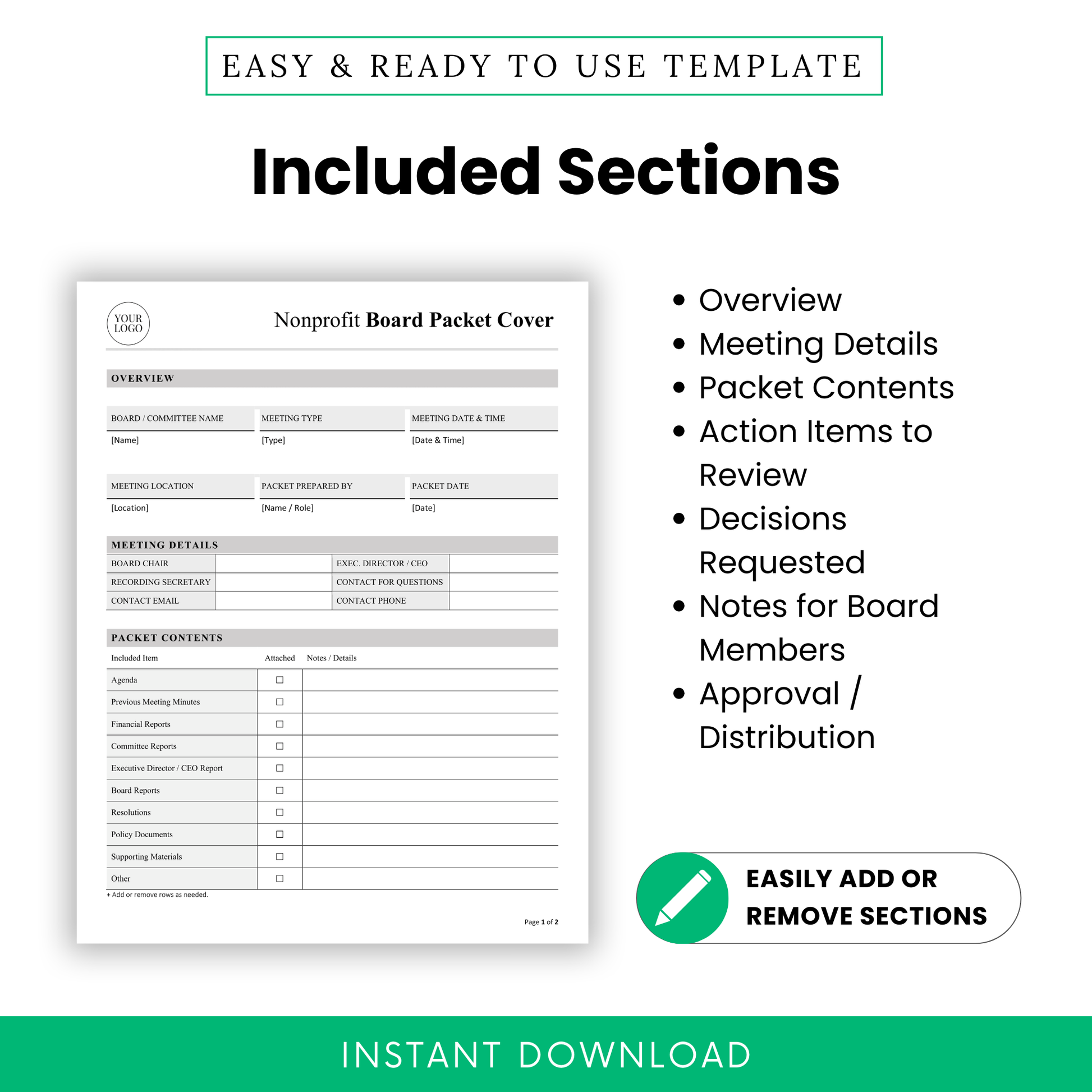 Editable nonprofit board packet cover template section list featuring overview, meeting details, packet contents, action items to review, decisions requested, notes for board members, and approval distribution in a clean professional format for nonprofit organizations