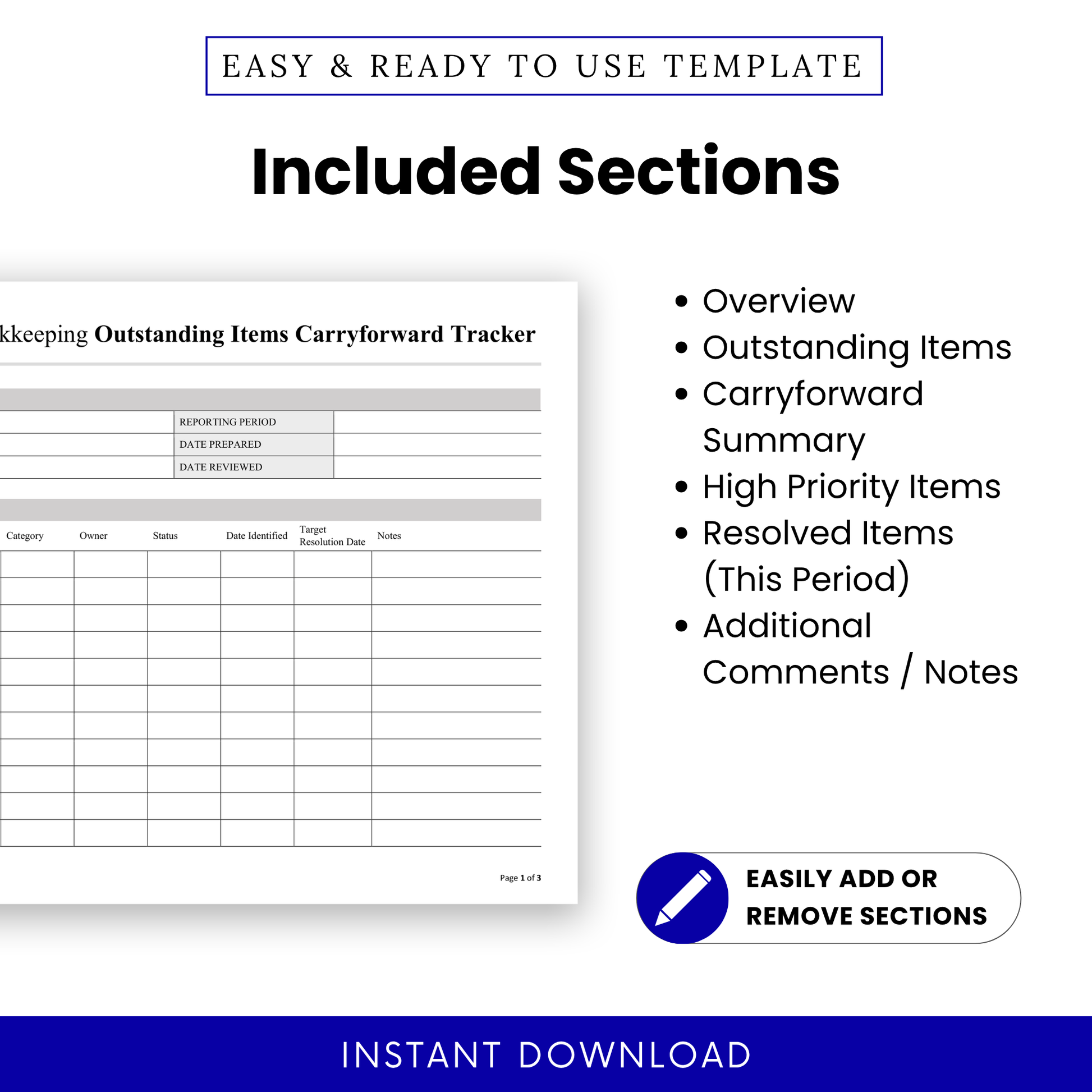Bookkeeping template sections list including overview, outstanding items, carryforward summary, high priority items, resolved items this period, and additional comments notes for accounting workflow