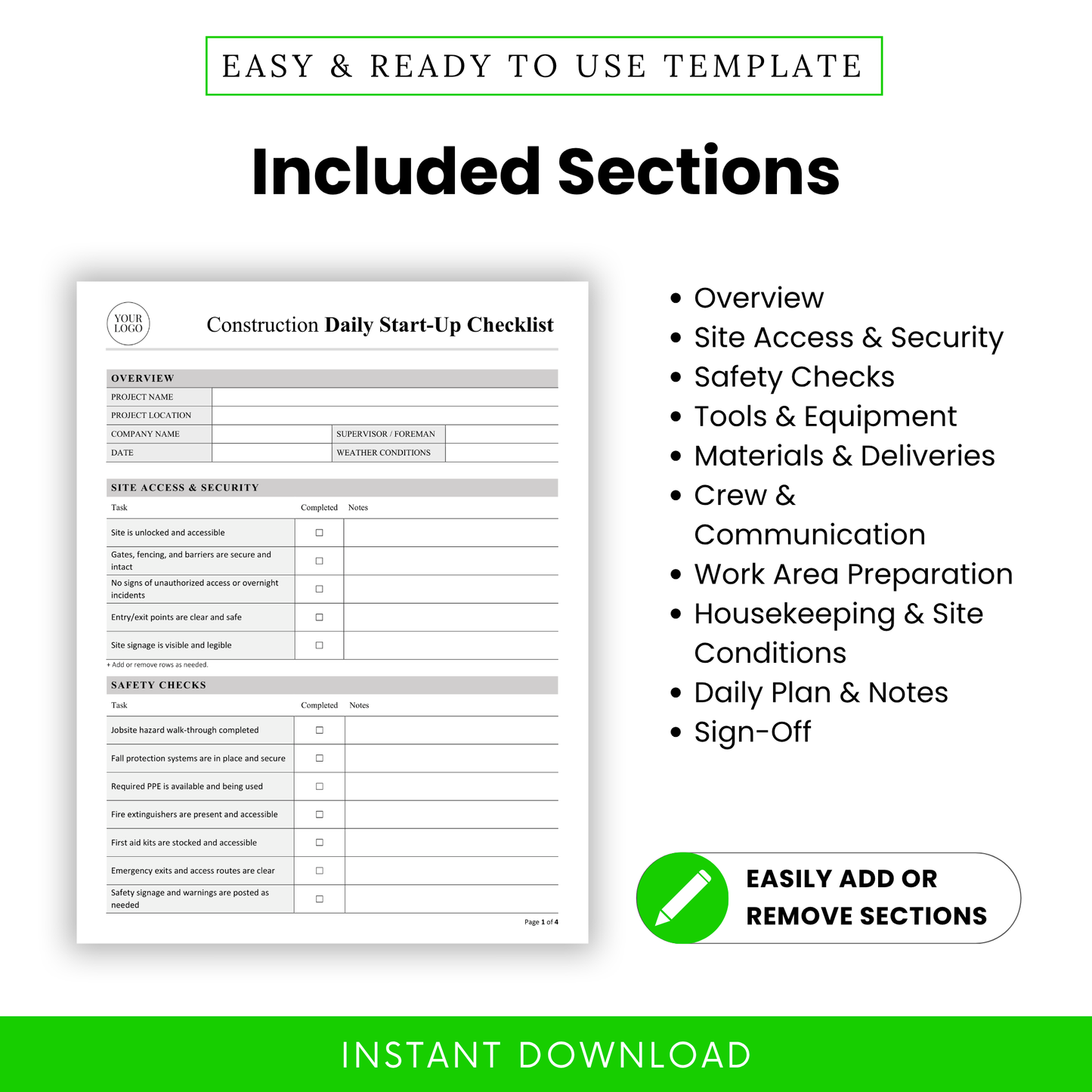 Detailed view of the Construction Daily Start-Up Checklist Template with clearly organized sections like Overview, Safety Checks, and Crew Communication. This simple SOP-style construction template helps teams maintain compliance, improve safety tracking, and manage daily site operations. Fully customizable business template for construction professionals.