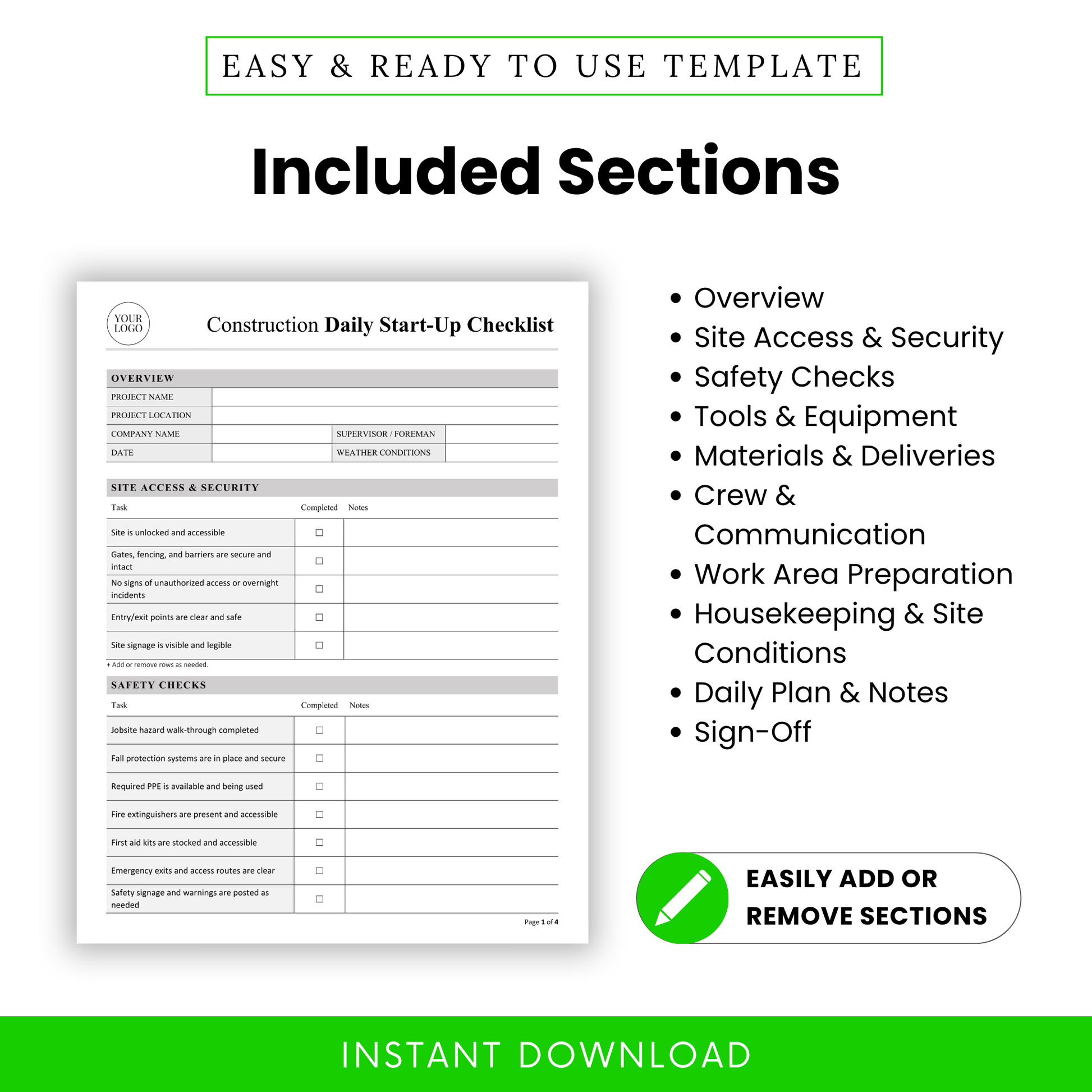 Detailed view of the Construction Daily Start-Up Checklist Template with clearly organized sections like Overview, Safety Checks, and Crew Communication. This simple SOP-style construction template helps teams maintain compliance, improve safety tracking, and manage daily site operations. Fully customizable business template for construction professionals.