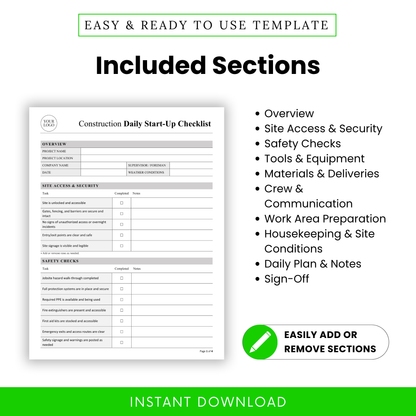 Detailed view of the Construction Daily Start-Up Checklist Template with clearly organized sections like Overview, Safety Checks, and Crew Communication. This simple SOP-style construction template helps teams maintain compliance, improve safety tracking, and manage daily site operations. Fully customizable business template for construction professionals.