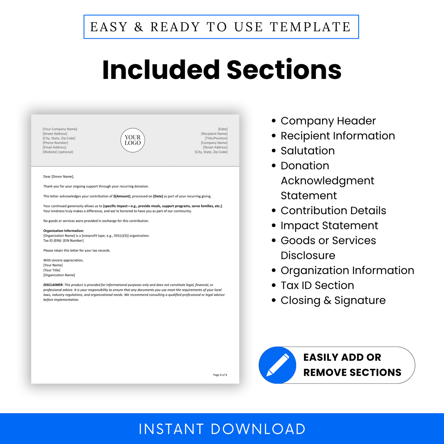 Donation Acknowledgment Letter Template PDF showcasing all included sections like contribution details and impact statement. This editable nonprofit document helps organizations create professional, structured letters for recurring donor communication.