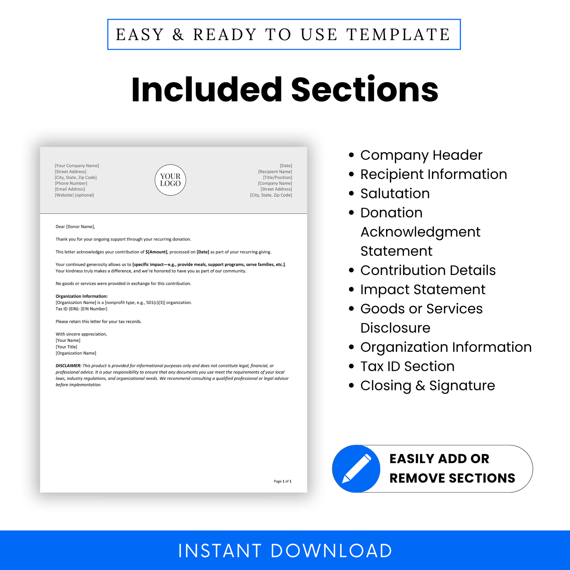Donation Acknowledgment Letter Template PDF showcasing all included sections like contribution details and impact statement. This editable nonprofit document helps organizations create professional, structured letters for recurring donor communication.