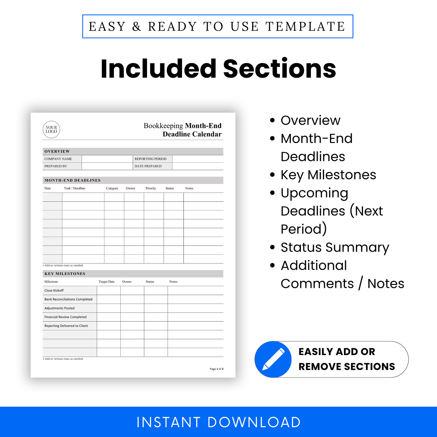 Bookkeeping template sections overview, month-end deadlines, key milestones, status summary, accounting workflow checklist, finance tracker for accountants and bookkeepers