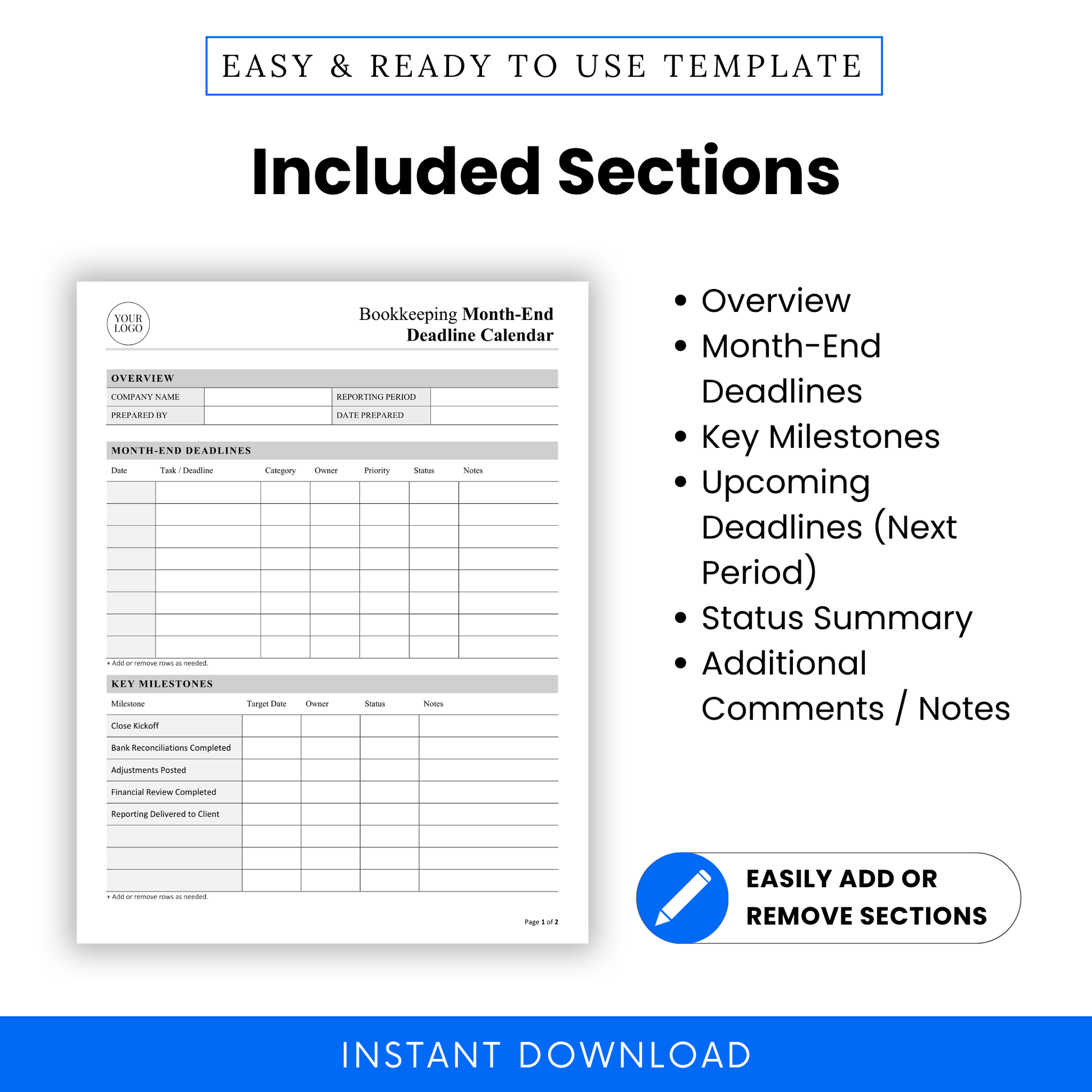Bookkeeping template sections overview, month-end deadlines, key milestones, status summary, accounting workflow checklist, finance tracker for accountants and bookkeepers
