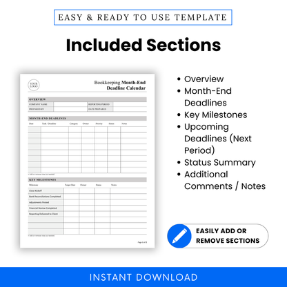 Bookkeeping template sections overview, month-end deadlines, key milestones, status summary, accounting workflow checklist, finance tracker for accountants and bookkeepers