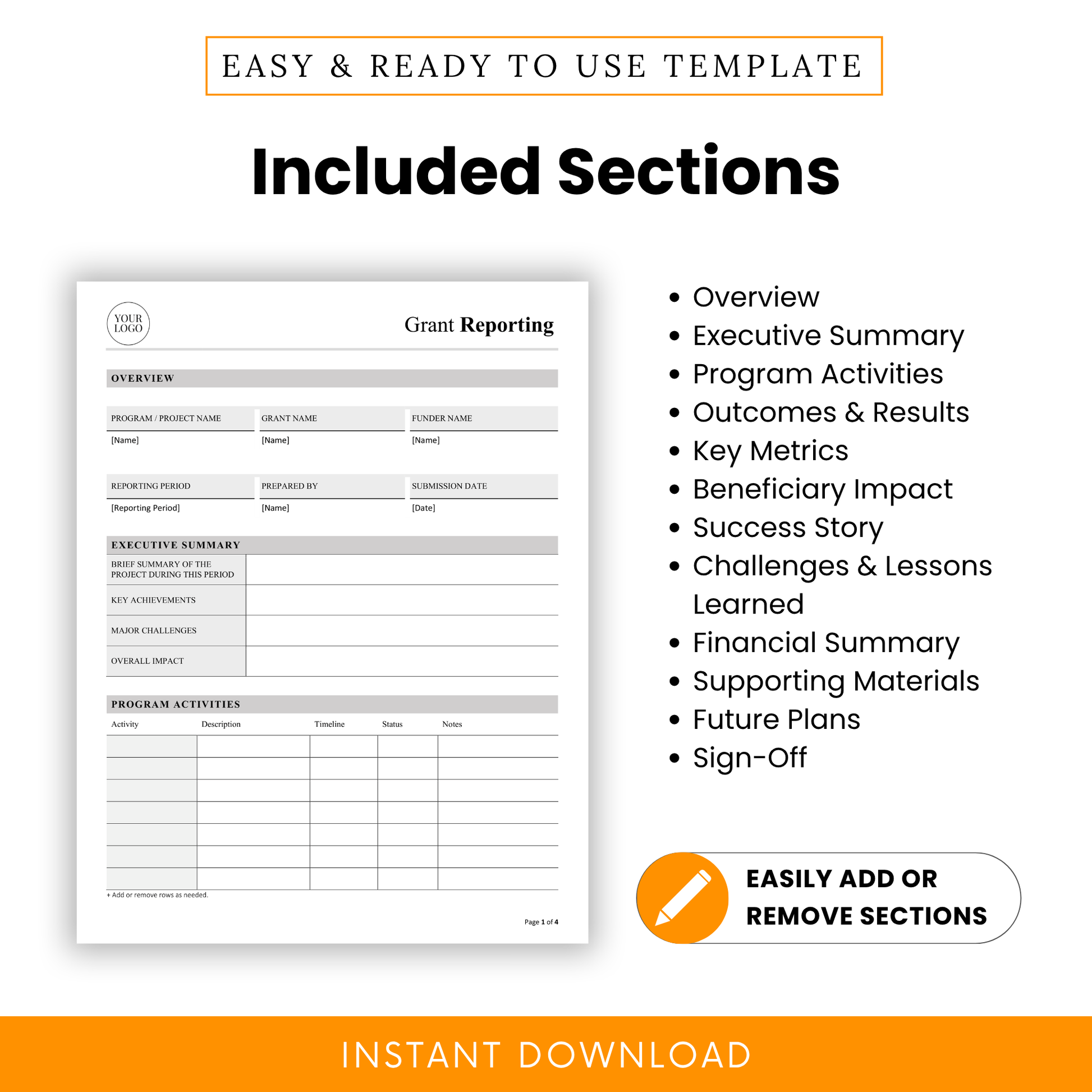 Grant Reporting Template layout displaying all included sections for easy customization and reporting. This Grant Reporting Template PDF is ideal for organizing program data, tracking metrics, and presenting structured reports to funders.