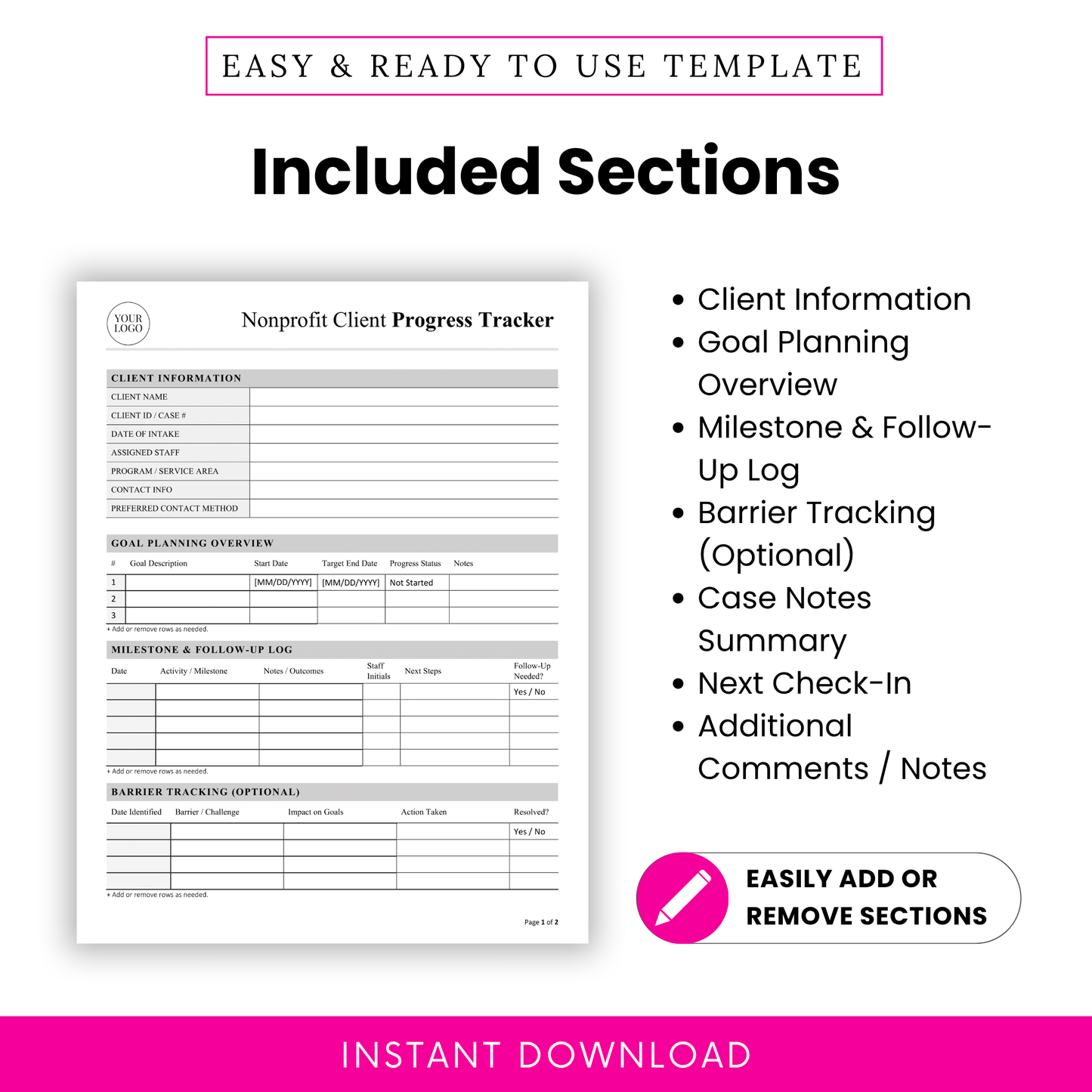 Editable nonprofit client progress tracker sections including client information, goal planning, milestone tracking, barrier tracking, case notes, next check-in, and additional comments for social services