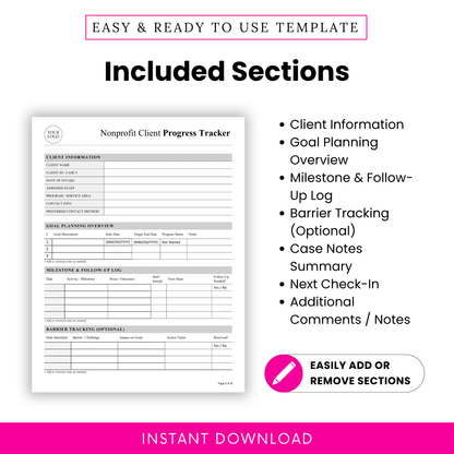 Editable nonprofit client progress tracker sections including client information, goal planning, milestone tracking, barrier tracking, case notes, next check-in, and additional comments for social services