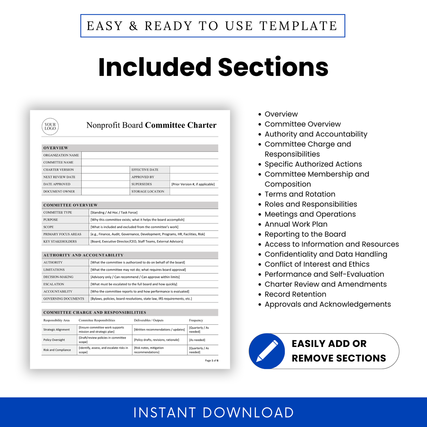 Comprehensive nonprofit committee charter template sections including overview, authority, responsibilities, membership, meetings, compliance, and reporting structure