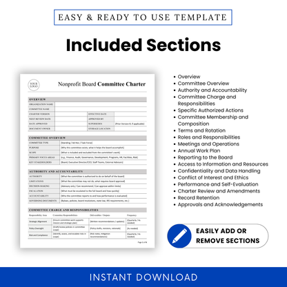 Comprehensive nonprofit committee charter template sections including overview, authority, responsibilities, membership, meetings, compliance, and reporting structure