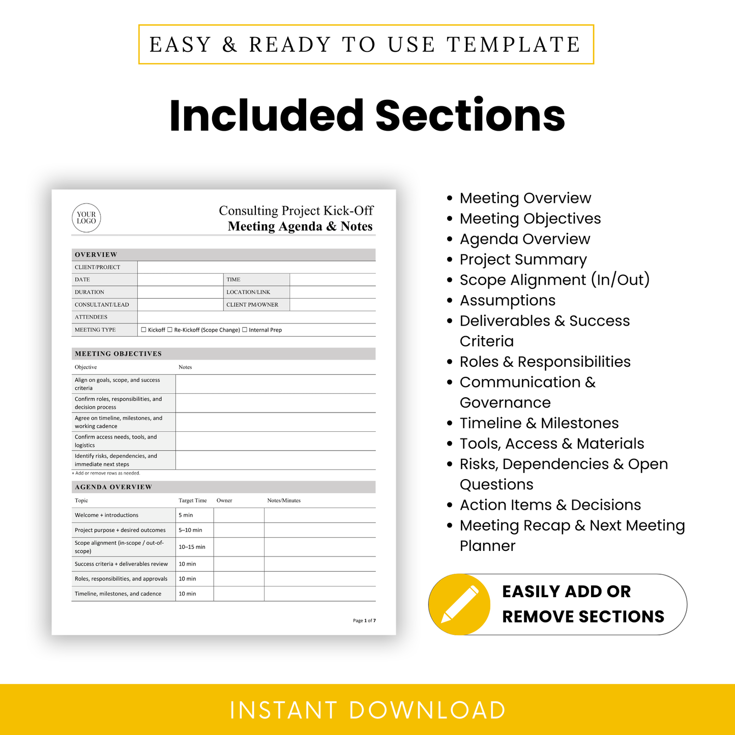 Detailed list of all sections included in the template, such as meeting overview, agenda, project summary, roles and responsibilities, communication plan, and timeline tracking
