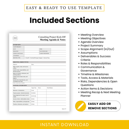 Detailed list of all sections included in the template, such as meeting overview, agenda, project summary, roles and responsibilities, communication plan, and timeline tracking
